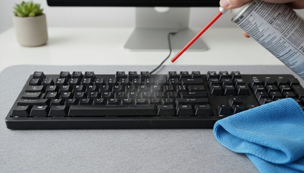 apprenez à nettoyer efficacement un clavier d’ordinateur fixe sans poussière incrustée grâce à nos conseils simples et rapides pour un bureau propre et sain.