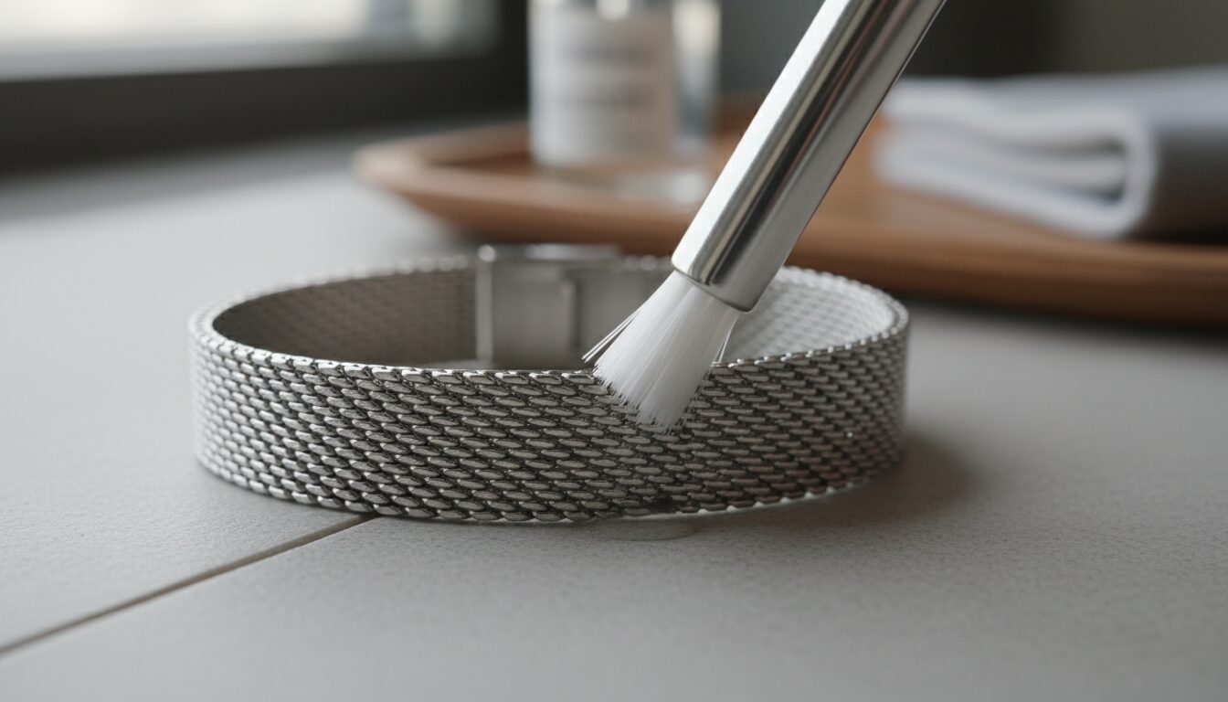 service de nettoyage précis et délicat pour bracelets de montre métalliques à fines mailles, assurant brillance et confort optimal.