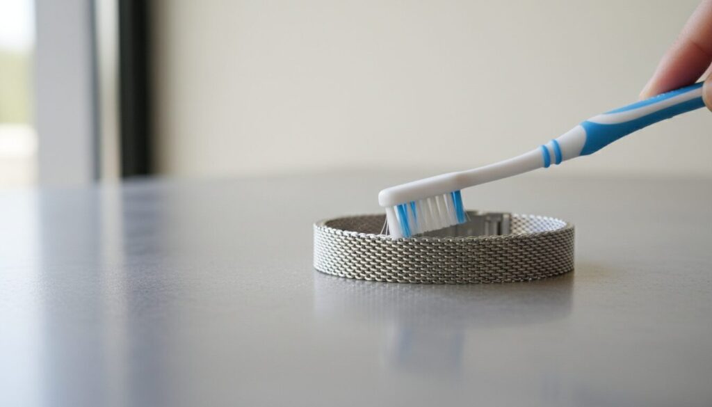 service de nettoyage précis pour bracelets de montres métalliques à fines mailles, garantissant éclat et propreté sans endommager le matériau.