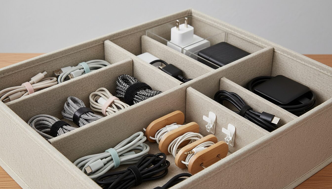 découvrez des solutions de stockage intelligent pour câbles et accessoires, afin d'éviter l'enchevêtrement et organiser votre espace efficacement.