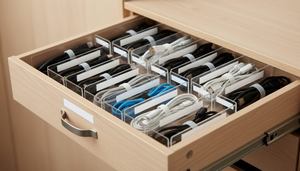 découvrez des solutions de stockage intelligent pour câbles et accessoires afin d'éviter l'enchevêtrement et garder un espace organisé et fonctionnel.